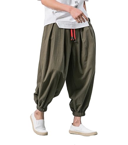 Amazon.co.jp: Men's Sarouel Pants, Solid Color Casual Cotton Linen